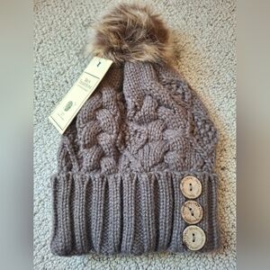 Brown Knit Beanie with Faux Fur Pom